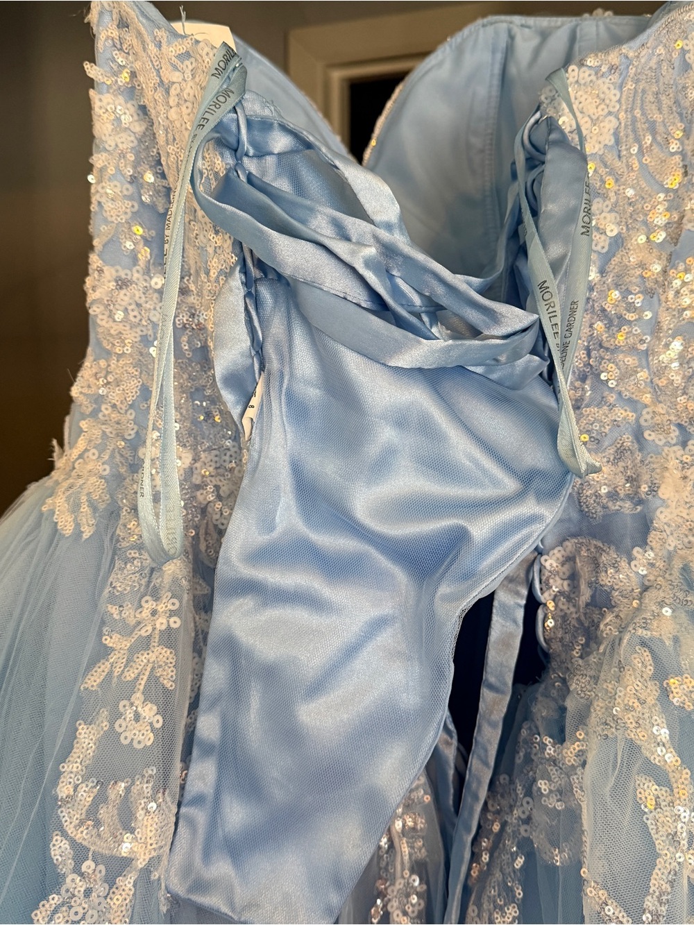 Sz 8 Morilee Madeline Gardner Sparkle Lace Ball Gown Formal Dress - Light Blue - Picture 5 of 11